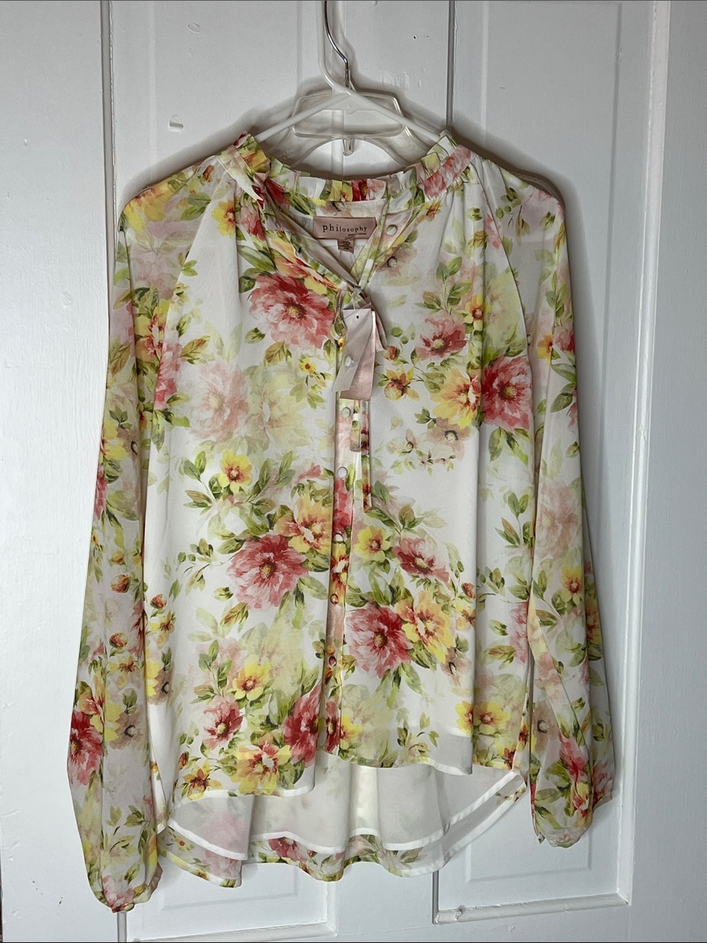 Philosophy Floral Sheer Button-Front Blouse with Pink & Yellow Flowers NWT